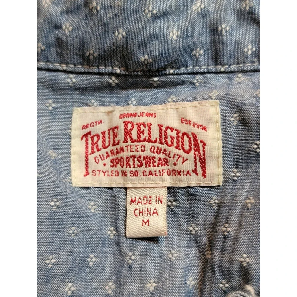 True Religion Button Down Shirt Mens M Blue Excellent Geometric Print Cotton